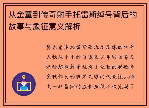 从金童到传奇射手托雷斯绰号背后的故事与象征意义解析 从金童到传奇射手托雷斯绰号背后的故事与象征意义解析