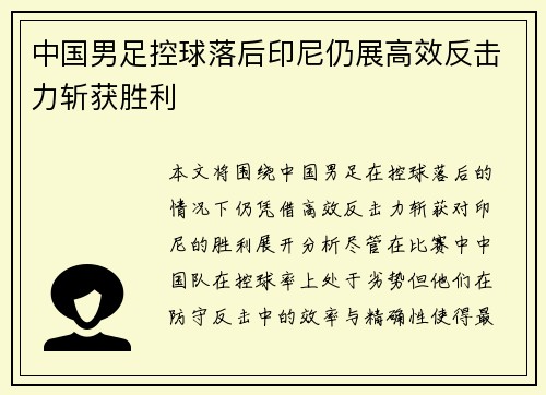 中国男足控球落后印尼仍展高效反击力斩获胜利 中国男足控球落后印尼仍展高效反击力斩获胜利