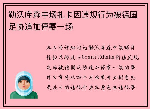 勒沃库森中场扎卡因违规行为被德国足协追加停赛一场