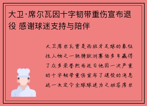 大卫·席尔瓦因十字韧带重伤宣布退役 感谢球迷支持与陪伴