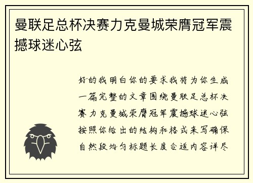 曼联足总杯决赛力克曼城荣膺冠军震撼球迷心弦