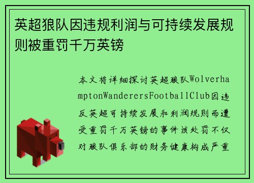 英超狼队因违规利润与可持续发展规则被重罚千万英镑